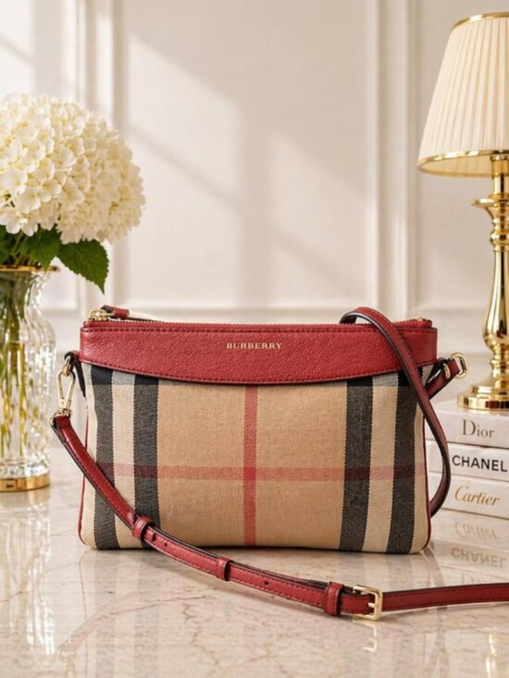 Authentic Burberry Nova Check Crossbody Bag with Red Leather Trim